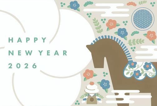 和×北欧風お花と馬の年賀状（ブルー） 冬,年賀状,可愛い,ナチュラル,年賀状素材,2026年,正月,お正月,令和八年,北欧のイラスト素材