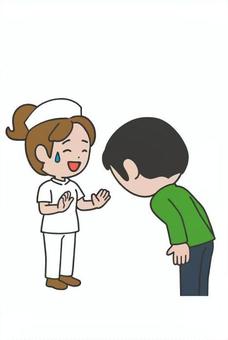 素直に謝る人 男,許し,困惑,謝る,お辞儀,気持ち,ごめん,申し訳なさ,看護婦,ナース服のイラスト素材