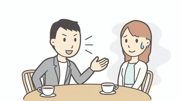 婚活02-噛み合わない01(横長) 婚活,お見合い,デート,会話,噛み合わない,すれ違い,男女,恋愛,困る,悩むのイラスト素材