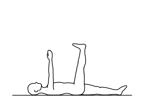 仰向けで腕と片足を伸ばして上げる人 臥位,仰向け,挙手,エクササイズ,横向き,線画,白黒のイラスト素材