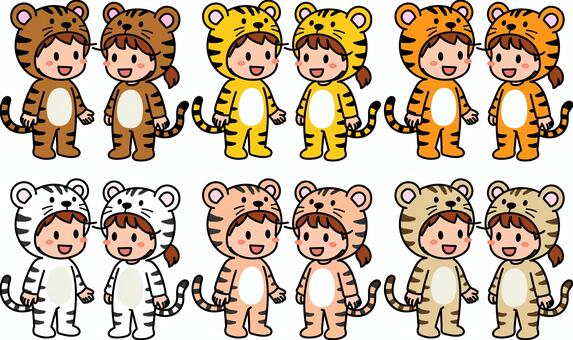 虎コスの子供たちです。 虎,コスプレ,シンプル,着ぐるみ,コスチューム,イベント,パーティー,耳,しっぽ,動物のイラスト素材