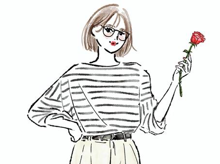 バラの花の一輪を持つボブの眼鏡の女性  バラの花の一輪を持つボブの眼鏡の女性  女性,バラ,花,挨拶,めがね,ボーダー,ボブ,ばら,一輪,持つのイラスト素材