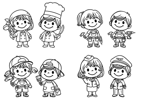 子供職業体験（白黒）-1 コック,コックさん,料理人,シェフ,調理師,大工,大工さん,棟梁,船大工,diyのイラスト素材