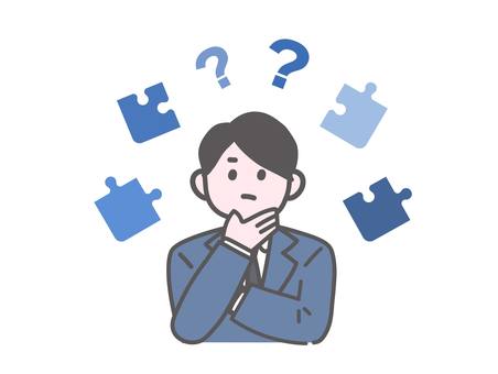 解決策を練るスーツの男性 サラリーマン,ビジネスマン,スーツ,パズル,ピース,考える,試行錯誤,問題解決,バラバラ,仕事のイラスト素材