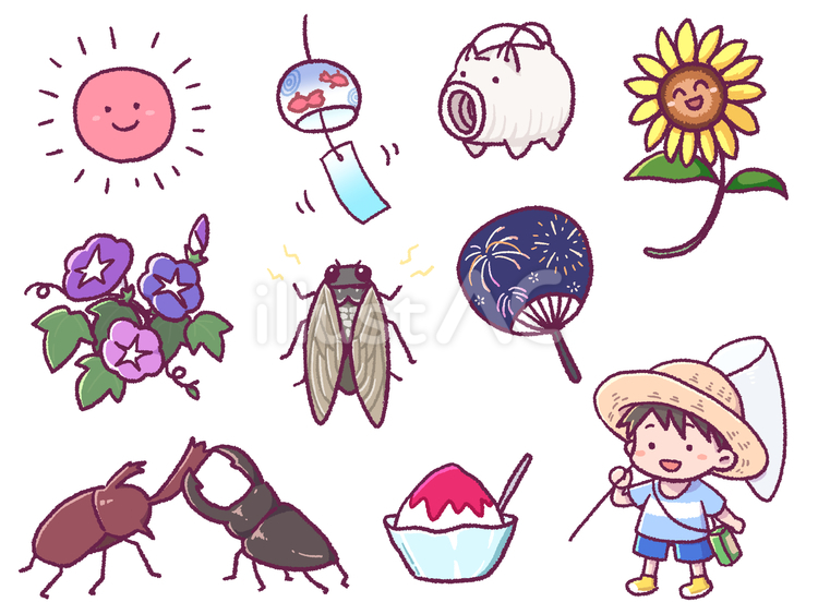 夏休みの手描きイラスト素材セット 夏休み,太陽,風鈴のイラスト素材