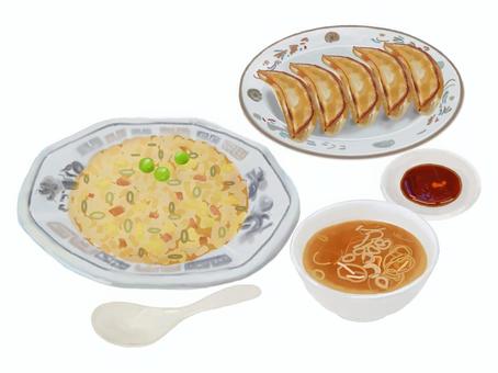 チャーハンと餃子（スープ・レンゲ付き）4 チャーハン,炒飯,ギョーザ,餃子,スープ,レンゲ,タレ,中華料理,中華料理店,主食のイラスト素材