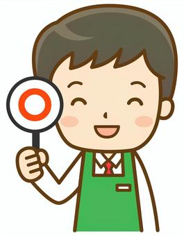 正解の札を持つエプロン姿の男性店員 スーパー,スーパーマーケット,店員,店長,従業員,スタッフ,男性,エプロン,仕事,働くのイラスト素材