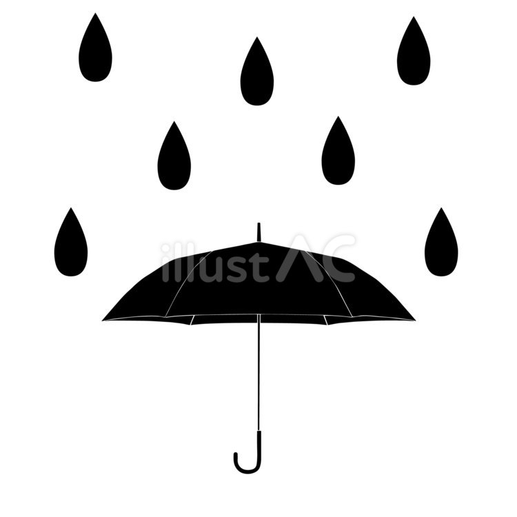 雨と傘のシンプルな白黒シルエットイラスト 傘,モノクロ,白黒のイラスト素材