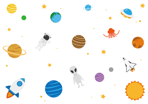 可愛くてポップな宇宙の背景素材 宇宙,惑星,地球,太陽,ロケット,ufo,火星人,宇宙人,宇宙飛行士,スペースシャトルのイラスト素材