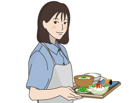 ご飯が乗ったトレーで運ぶ人 ご飯,和食,トレー,運ぶ,エプロン,女性のイラスト素材
