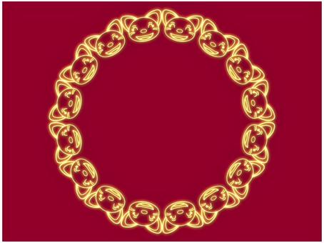 猫の丸いフレ−ム　ネオン 猫,フレ−ム,ポストカード,メッセージカード,飾り枠,あしらい,ネオン,黄色,赤,えんじ色のイラスト素材