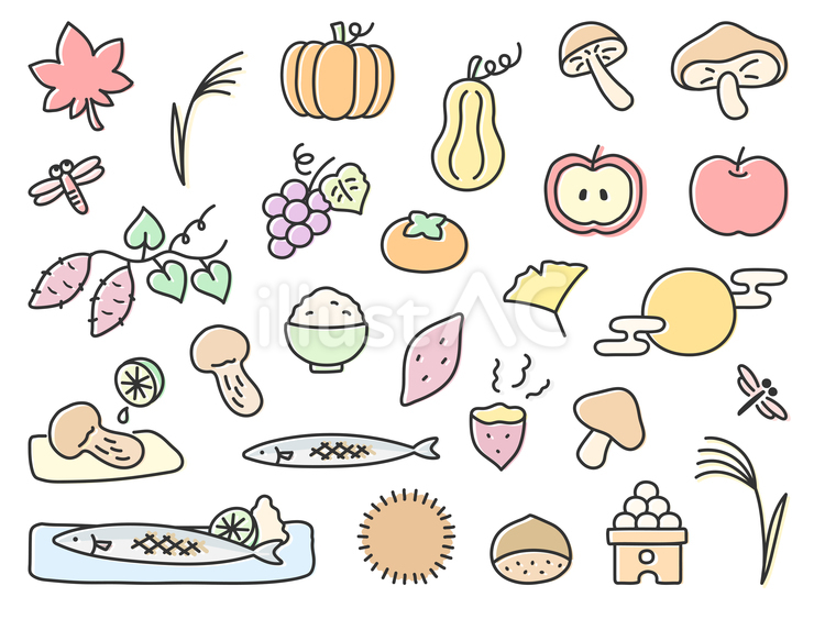 秋のイラスト、秋の味覚のセット 秋,秋の味覚,手描きのイラスト素材