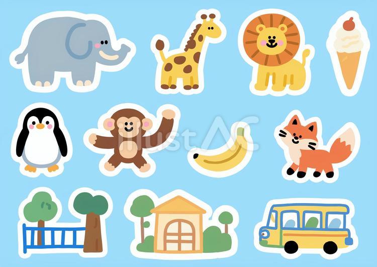 かわいい動物と乗り物のイラストセット ゾウ,キリン,ライオンのイラスト素材