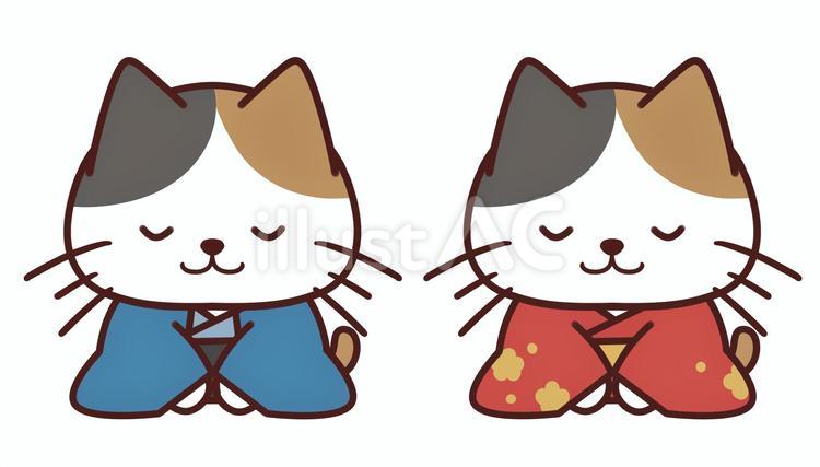 着物を着て座ってお辞儀する猫三毛 ねこ,動物,かわいいのイラスト素材