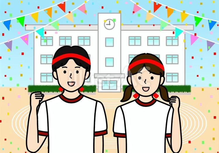 運動場・グラウンドと校舎と体育祭の学生 運動会,体育祭,運動場のイラスト素材