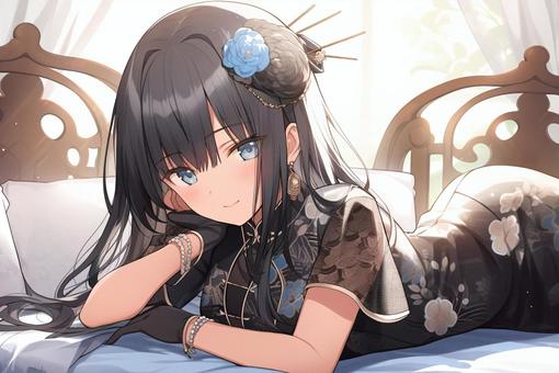 ベッドで横になる女性・イラスト ベッドで横になる女性・イラスト 女性,黒髪,ロングヘアーのイラスト素材