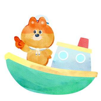 水彩画_船に乗る_02 猫,動物,手描き,水彩画,水彩,水彩風,水彩画風,夏休み,船舶,釣り船のイラスト素材