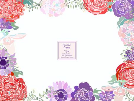 ラナンキュラス、ラン、ナズナのフレーム 花,フレーム,ベクター,白背景,ラナンキュラス,ナズナ,ラン,アネモネ,葉のイラスト素材