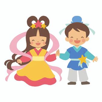 織姫と彦星2 七夕,7月7日,7月,織姫,彦星,人物,全身,笑顔,かわいい,白背景のイラスト素材