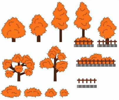 シンプルなべた塗りの秋の木のセット 木,街路樹,植物,ベタ塗り,秋,紅葉,アニメ調,生垣,柵,シンプルのイラスト素材