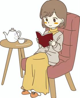 ゆったり読書 読書,ゆったり,ゆっくり,リラックス,座る,ティーポット,趣味,休憩のイラスト素材