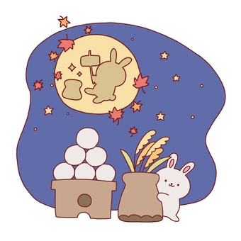 十五夜 お月見,十五夜,満月,うさぎ,団子,ススキ,秋,線画,可愛い,ゆるいのイラスト素材