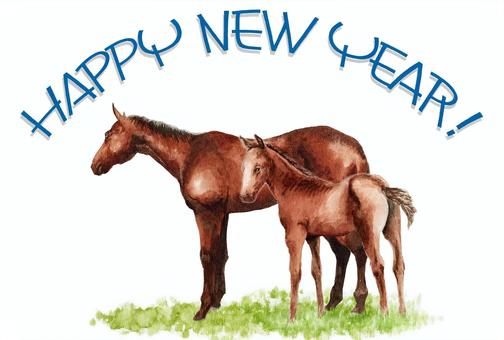 年賀ハガキ水彩馬の親子 馬,午年,動物,親子,年賀状,年賀ハガキ,干支,十二支,水彩,手描きのイラスト素材