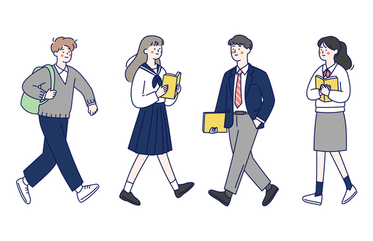 長袖制服の学生男女セット 学生,高校生,中学生,制服,長袖,通学,登校,学校,勉強,本のイラスト素材