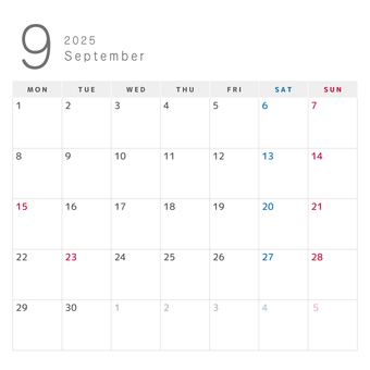 《正方形》好きな背景で使える枠外透過 sns用,正方形,印刷用,9月,カレンダー,2025,2025年,マンスリー,月曜始まり,月間のイラスト素材