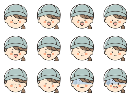 女性作業員のいろいろな表情アイコン 作業員,清掃員,掃除,工場,工業,土木,建築,製造業,技術者,整備士のイラスト素材