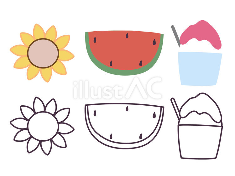 おたよりに使える素材セット【夏】 ひまわり,すいか,かき氷のイラスト素材
