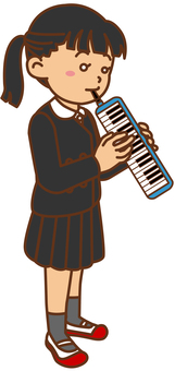 鍵盤ハーモニカを演奏する女の子　右向き 小学生,女の子,女子,鍵盤ハーモニカ,ピアニカ,吹く,音楽,演奏,楽器,学芸会のイラスト素材