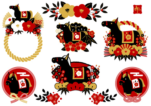 zodiac26137 馬,午年,しめ飾り,扇,水引,椿,松,梅,年賀状,南天のイラスト素材