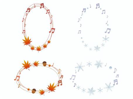 紅葉と雪の結晶が彩る音符の楕円形フレーム フレーム,枠,音符,音楽,秋,冬,紅葉,もみじ,どんぐり,雪の結晶のイラスト素材