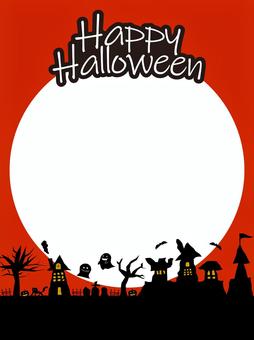 ハロウィンの街並みのフレーム（赤） ハロウィン,街並み,こうもり,黒猫,ジャックオランタン,月,建物,シルエット,フレーム,墓地のイラスト素材