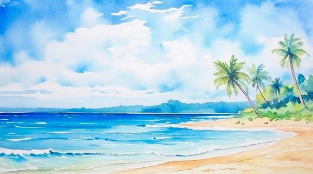 Tropical beach watercolor illustration, , JPG