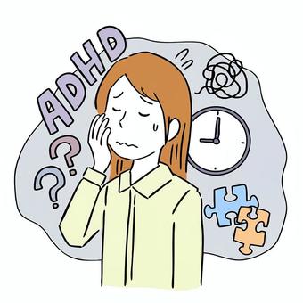 ADHDに悩む女性 adhd,女性,悩む,困る,注意欠如,多動症,発達障害,苦手,不注意,障がいのイラスト素材