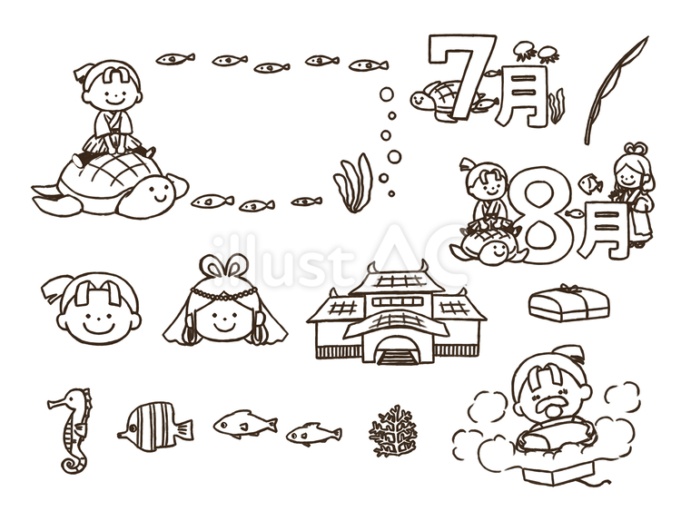 夏のおたよりに使えるセット(太線版) 飾り枠,フレーム,浦島太郎のイラスト素材