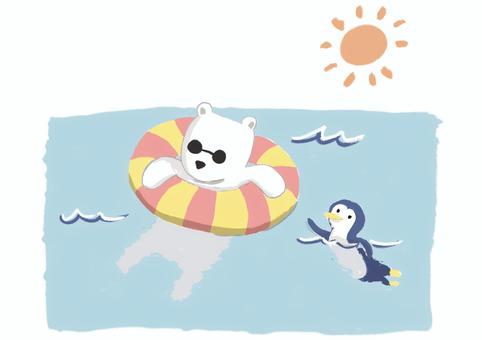 海でのんびりする白くまとペンギン 夏,海,白くま,ペンギン,浮き輪,海水浴,晴れ,暑い日,サングラス,のんびりのイラスト素材