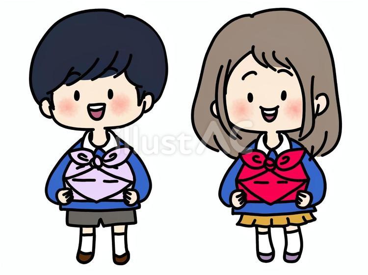 お弁当を持ってる男の子と女の子 男の子,女の子,お弁当のイラスト素材