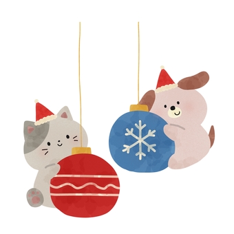 クリスマスオーナメントと猫犬 クリスマスオーナメントと猫犬 クリスマス,オーナメント,猫,犬,サンタ,帽子,動物,絵本,可愛い,ゆるいのイラスト素材