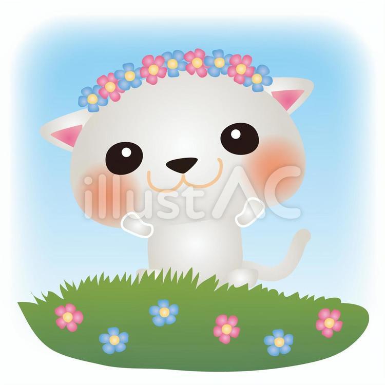 白ねこお花畑 猫,花かんむり,お花畑のイラスト素材