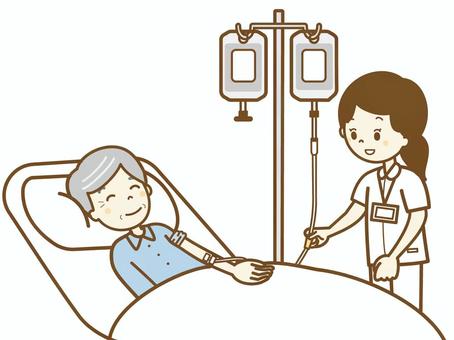 入院　点滴しましょうね1 おじいさん,高齢者,寝たきり,寝る,点滴,ベッド,看護師,女性,笑顔,安心のイラスト素材