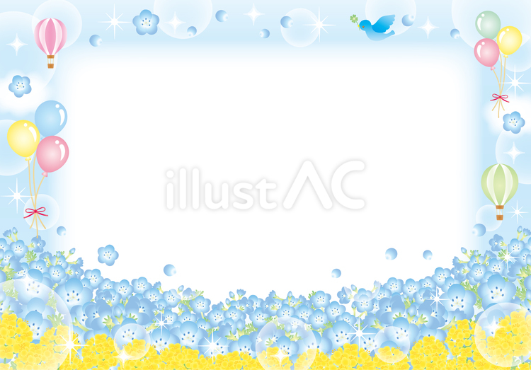 ネモフィラ畑と雲のカード ネモフィラ,空,菜の花のイラスト素材