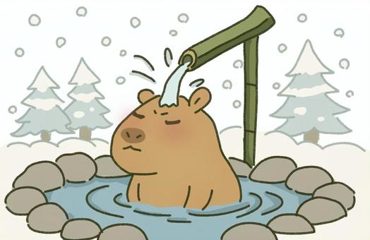 冬の温泉で鹿おどしに打たれるカピバラ 冬,雪,積雪,降雪,自然,木,温泉,石,和風,日本のイラスト素材