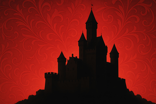 荘厳な古城と情熱的な赤背景が創る格調