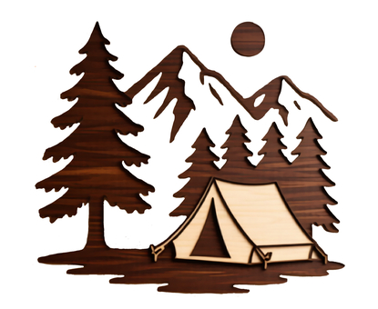 自然の中のキャンプシルエット キャンプ,テント,山,太陽,月,森,林,自然,ナチュラル,木製のイラスト素材