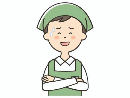 苦笑いする男性店員 苦笑いする男性店員 苦笑い,愛想笑い,お世辞,作り笑い,困る,誤魔化す,気まずい,苦笑,汗,店員のイラスト素材