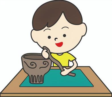 土器を作る男の子 土器,縄文土器,手びねり,粘土,土器作り,男の子,工作,体験学習,作る,縄文体験のイラスト素材