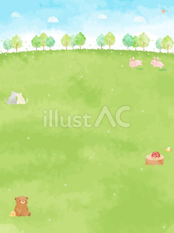 のどかな動物たちと緑の風景イラスト 背景,風景,植物のイラスト素材